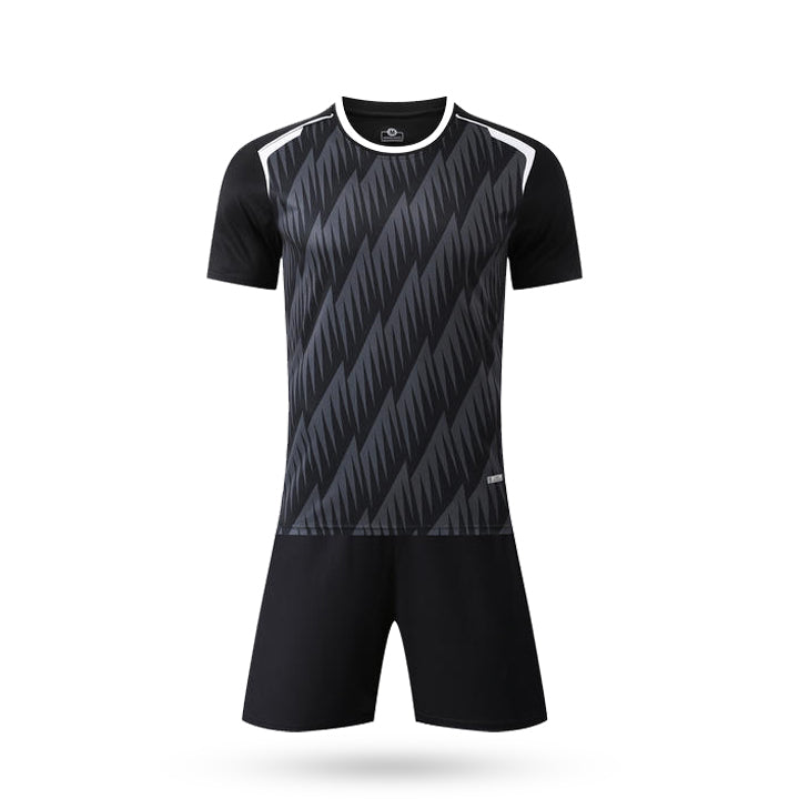 Black sports outfit with a patterned shirt and shorts on a white background