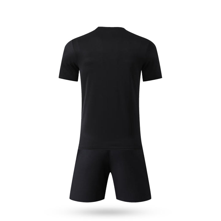 Black t-shirt and shorts set on a white background