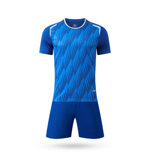 Blue sports jersey and shorts set on a white background