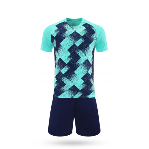 Teal and navy sports outfit with geometric pattern on a white background