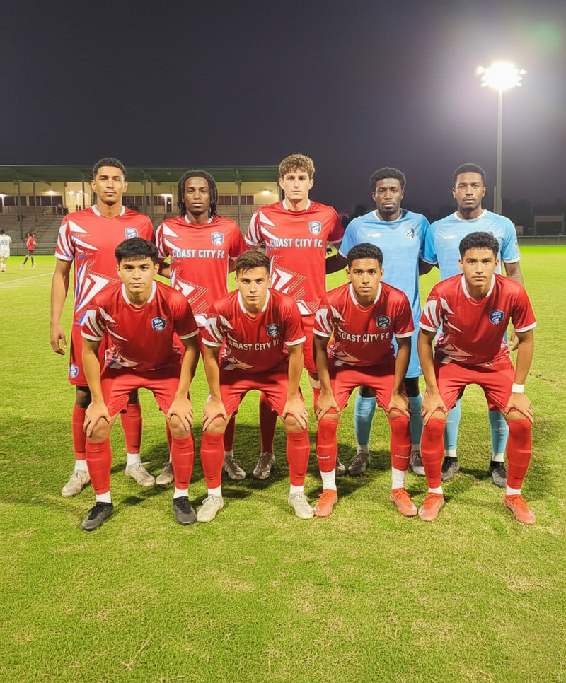 Soccer team posing on a field with 'Grass City' jerseys
