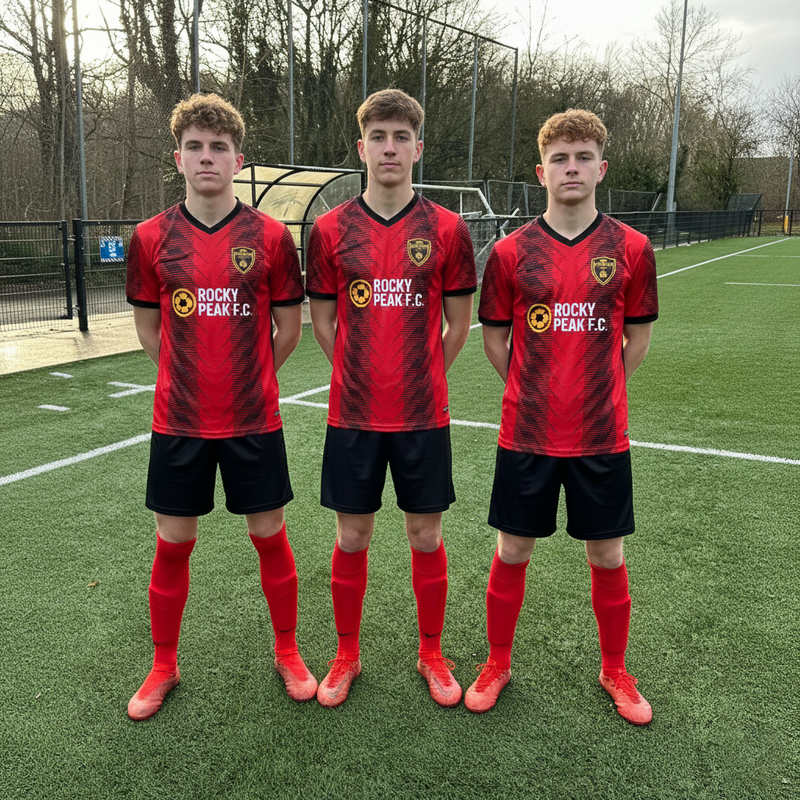 Three young men wearing red sports jerseys with 'Rocky Peak FC' logo on a sports field.