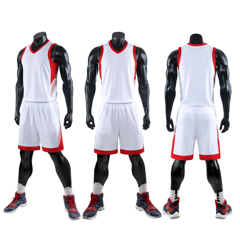 Basketball uniform set on mannequins with white jerseys and shorts with red accents.