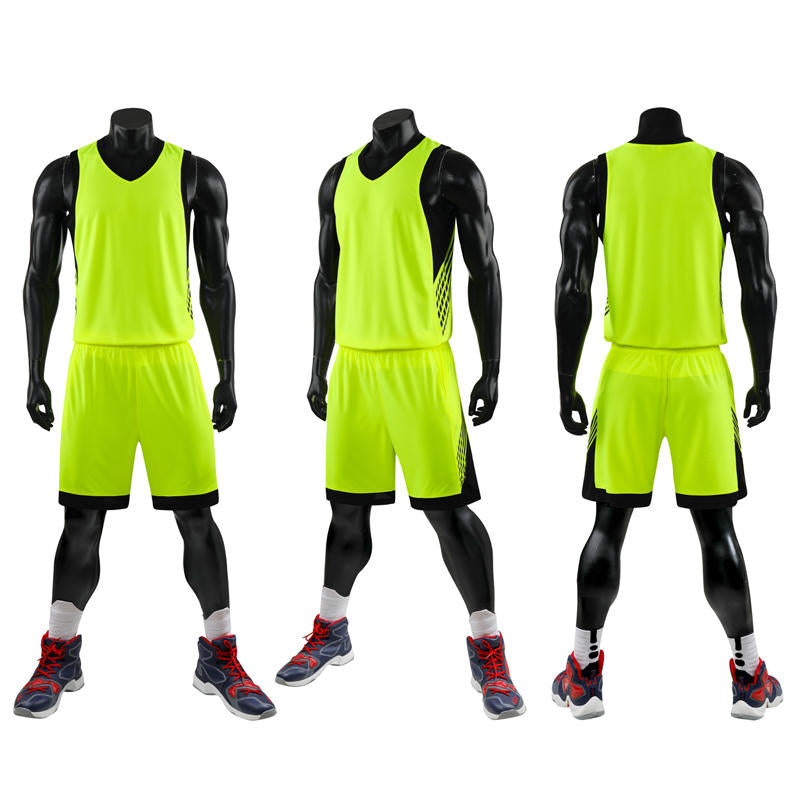 Three mannequins wearing bright green basketball jerseys and shorts on a white background