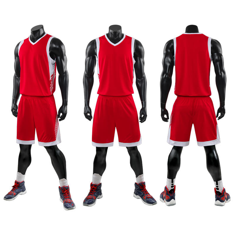 Red basketball uniform on black mannequins with white accents