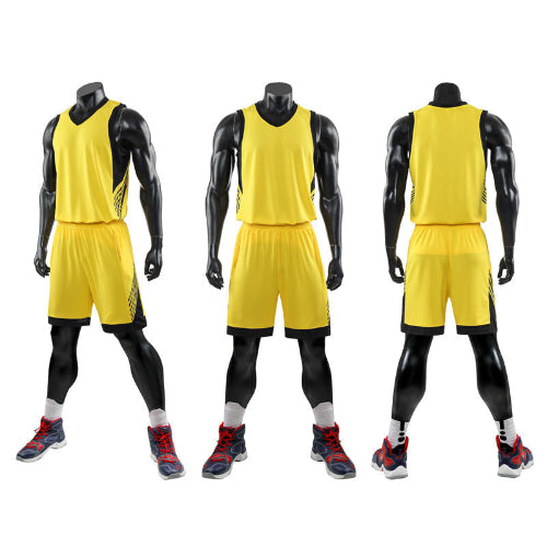 Yellow basketball jerseys and shorts on black mannequins against a white background