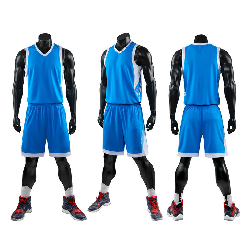 Blue basketball jerseys and shorts on black mannequins with a white background