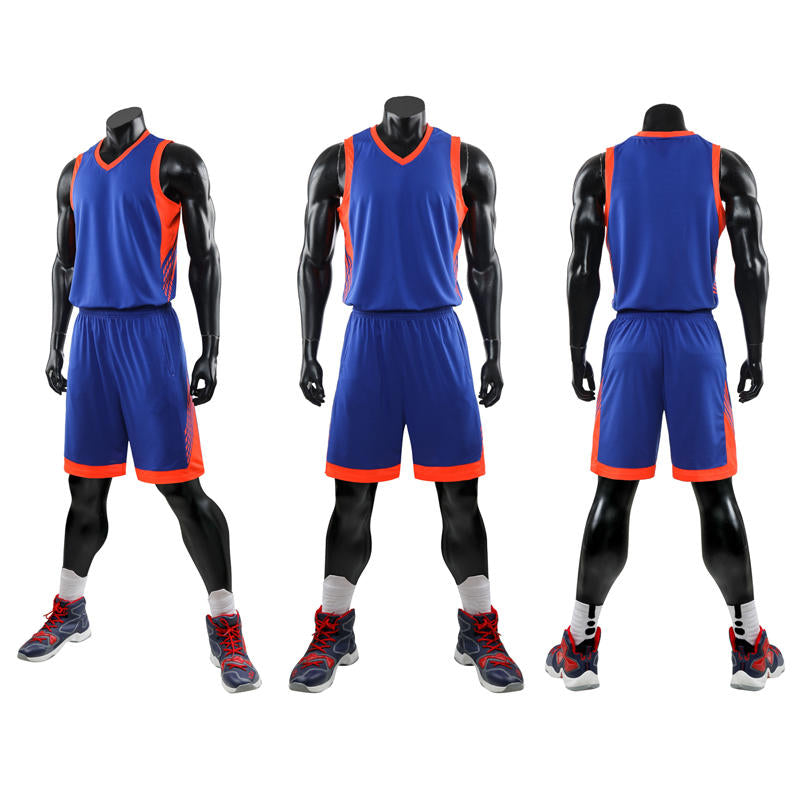 Basketball uniform set with blue and orange design on mannequins against a white background