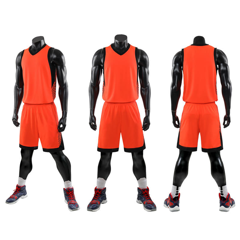 Orange basketball uniform on black mannequins from front, side, and back views.