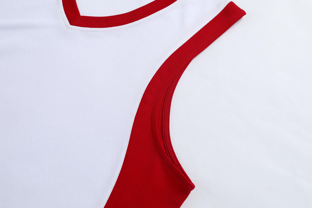 Red neckline and armhole details on a white background