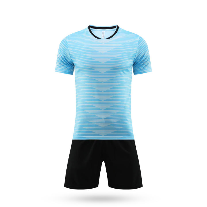 Front view of the light blue Apex Performance Youth Soccer Jersey featuring a horizontal chevron pattern and black crew neck collar.