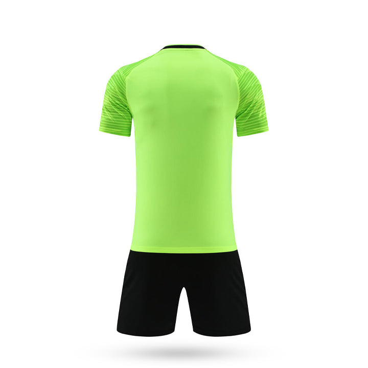 Rear view of the neon lime green Apex Performance Youth Soccer Jersey and black shorts.