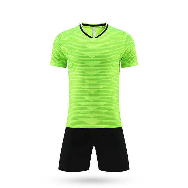 Front view of Apex Performance Youth Soccer Jersey in neon lime green with black V-neck collar and chevron patterns.