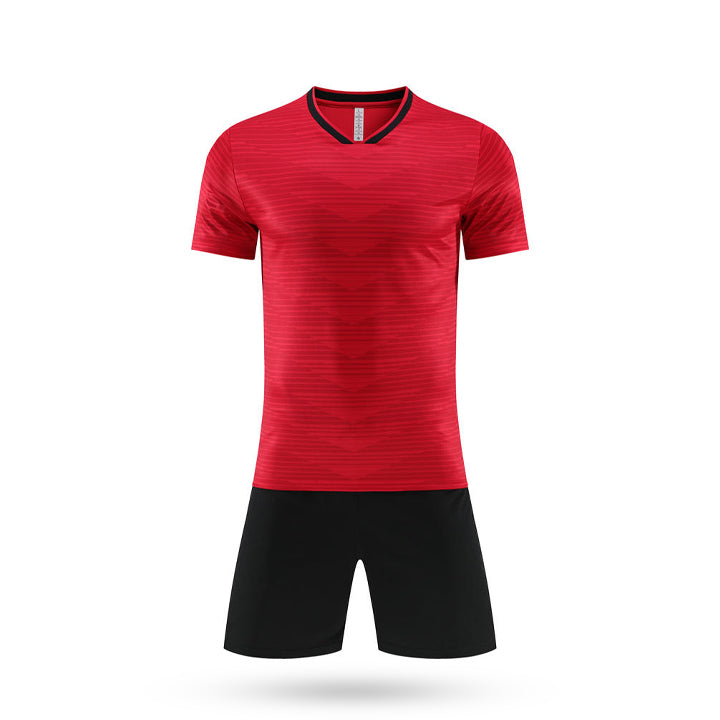 Red Apex Performance Youth Soccer Jersey front view featuring a black V-neck and horizontal graphic lines.