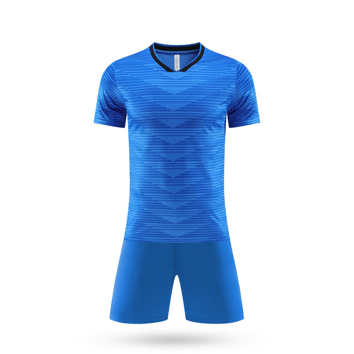 Royal blue Apex Performance Youth Soccer Jersey with gradient chevron pattern and black trim.