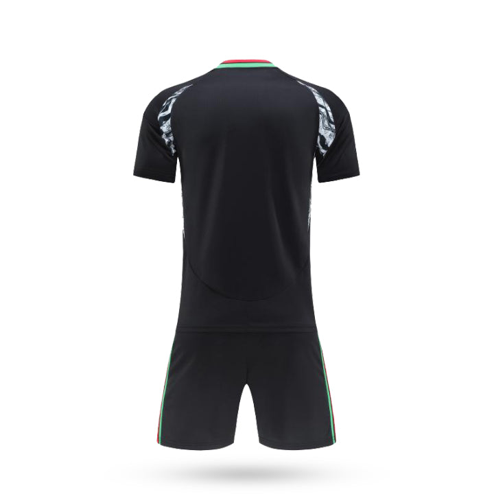 Rear view of the custom black soccer jersey showing the clean back panel and white patterned shoulder details.