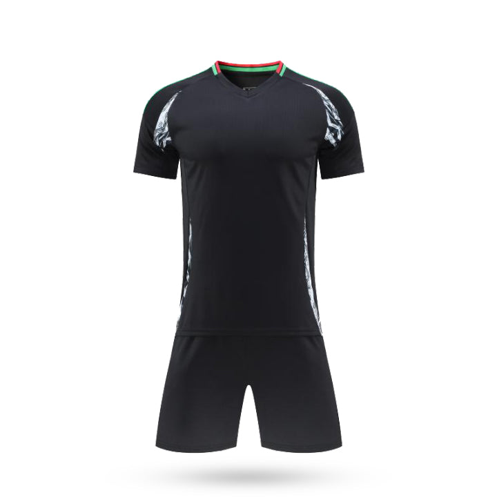 Front view of the black fan style soccer jersey with white abstract shoulder accents and a distinctive red and green striped collar.