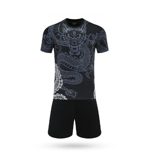 Dark black Core Dribble soccer jersey featuring a vibrant neon purple dragon graphic on the front with solid black shorts.