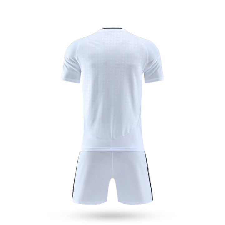 Back view of the H Pro Blank Fit Plain Soccer Kit showcasing the clean white fabric and athletic fit of the jersey and shorts.