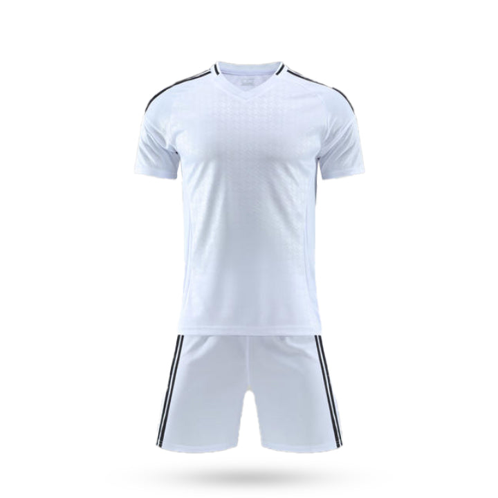 Front view of the H Pro Blank Fit Plain Soccer Kit showing the v-neck collar and black shoulder stripes on a white jersey.