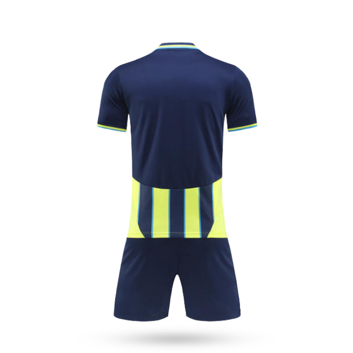 Rear view of the blue and black Blueforge soccer jersey highlighting the unique geometric stripe pattern across the back.