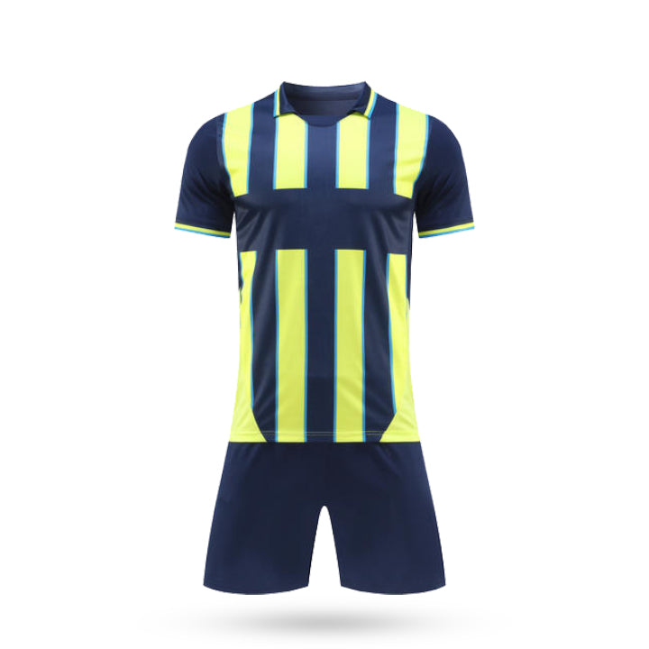 Front view of the Blueforge soccer jersey showcasing the vibrant blue and black diagonal graphic design and V-neck collar.