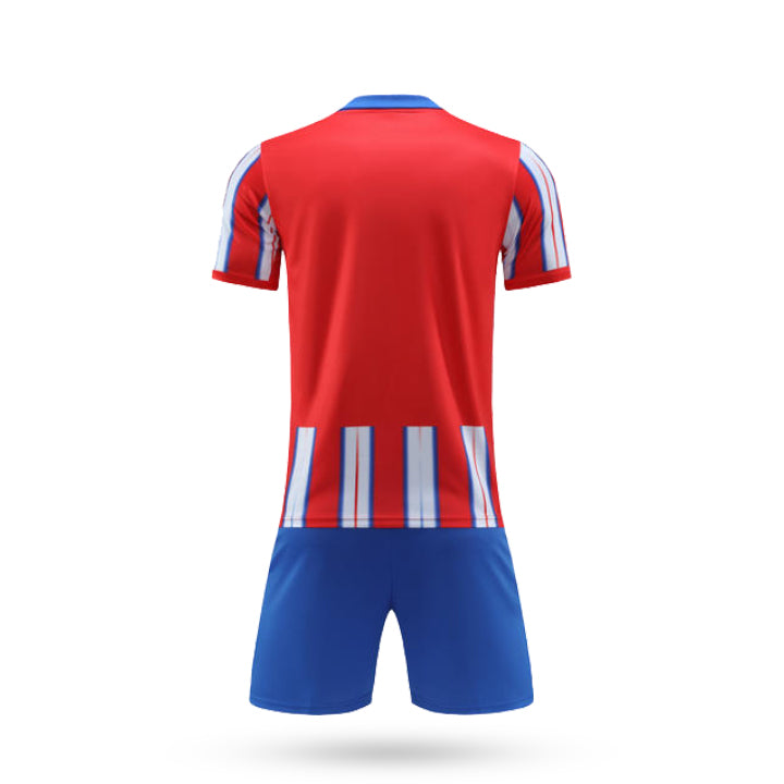 Back view of Crimson Storm soccer jersey showing solid red panel for numbering and blue collar detail.