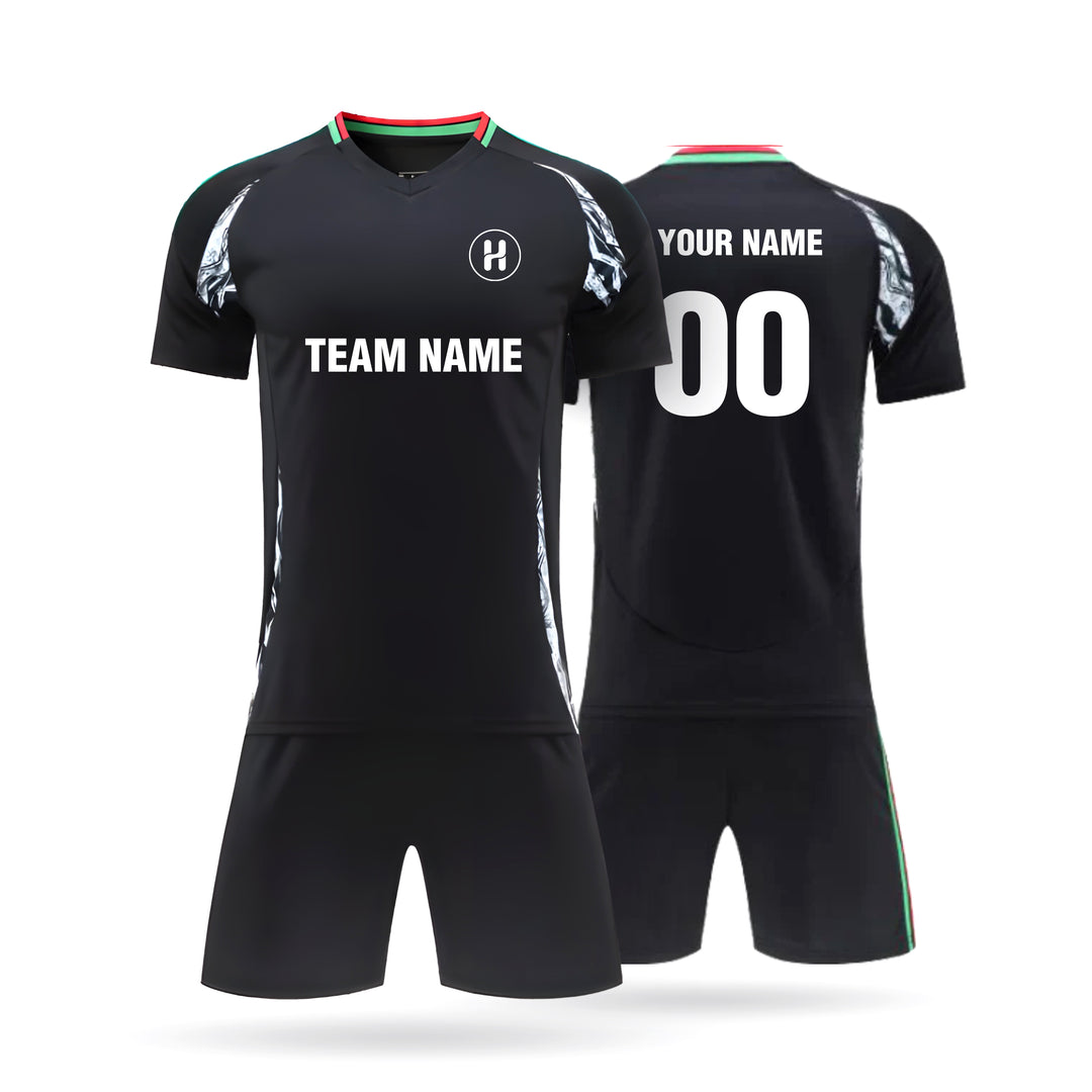 A full set view of the Custom Black and White Fan Style Soccer Jersey featuring white marble abstract patterns on the shoulders and customizable team name and number.