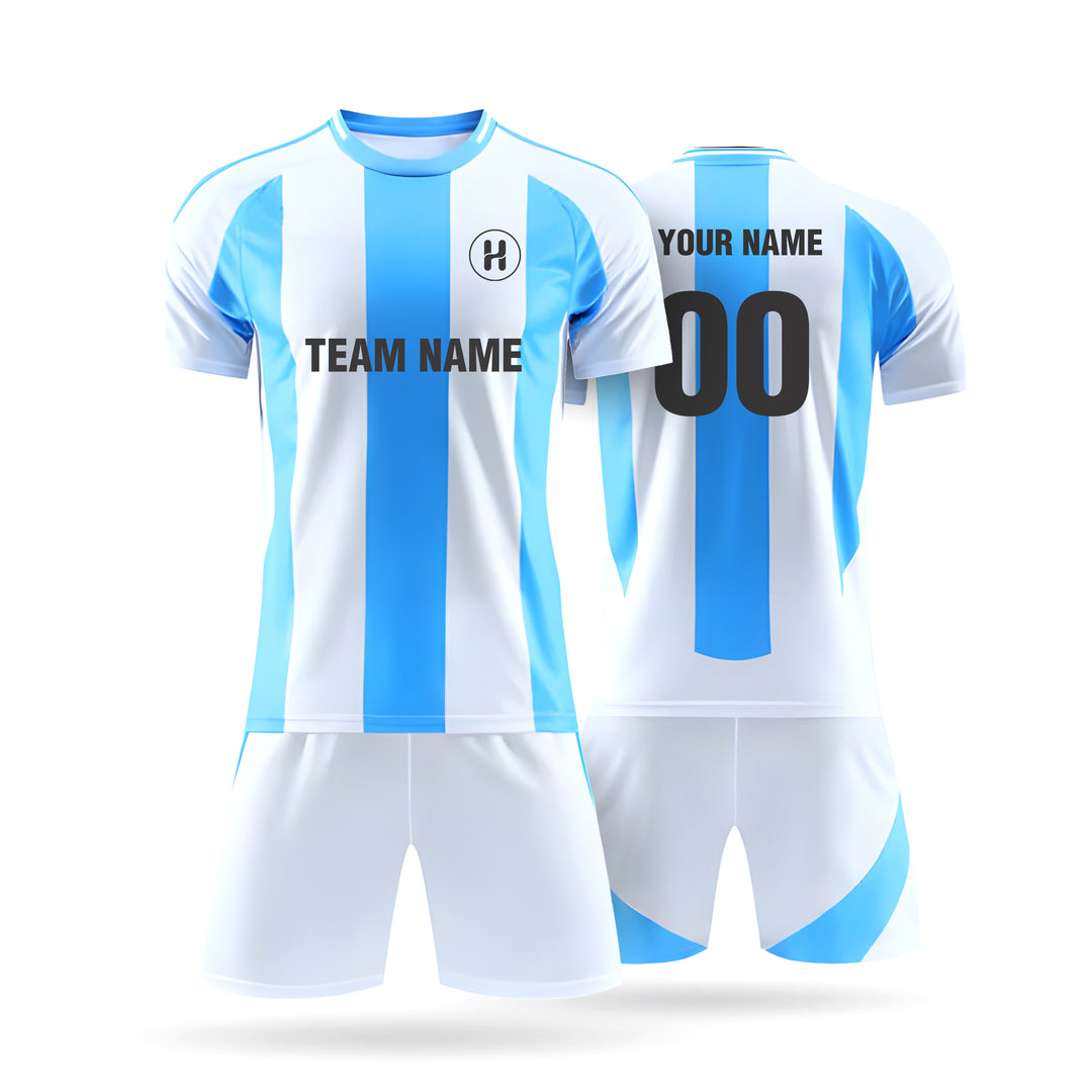 Full set display of the Custom Blackridge fan style soccer jersey in black, featuring white marble abstract shoulder patterns and customizable team name and player number.