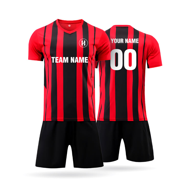 Full set view of the Custom Horizonex fan style soccer jersey featuring a red and black diagonal stripe pattern with customizable team name and player number.