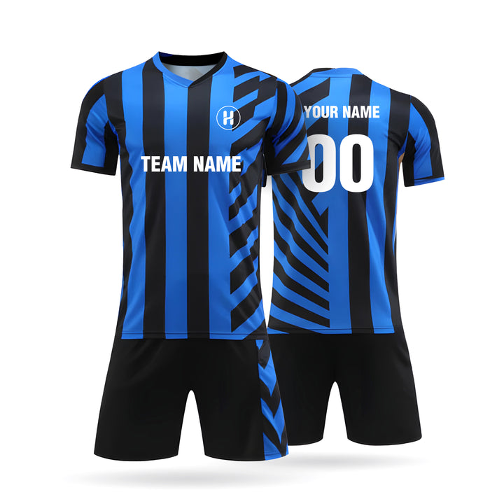 Front and back view of a custom Ironova fan style soccer jersey with blue and black diagonal stripes, featuring customizable team name and number.