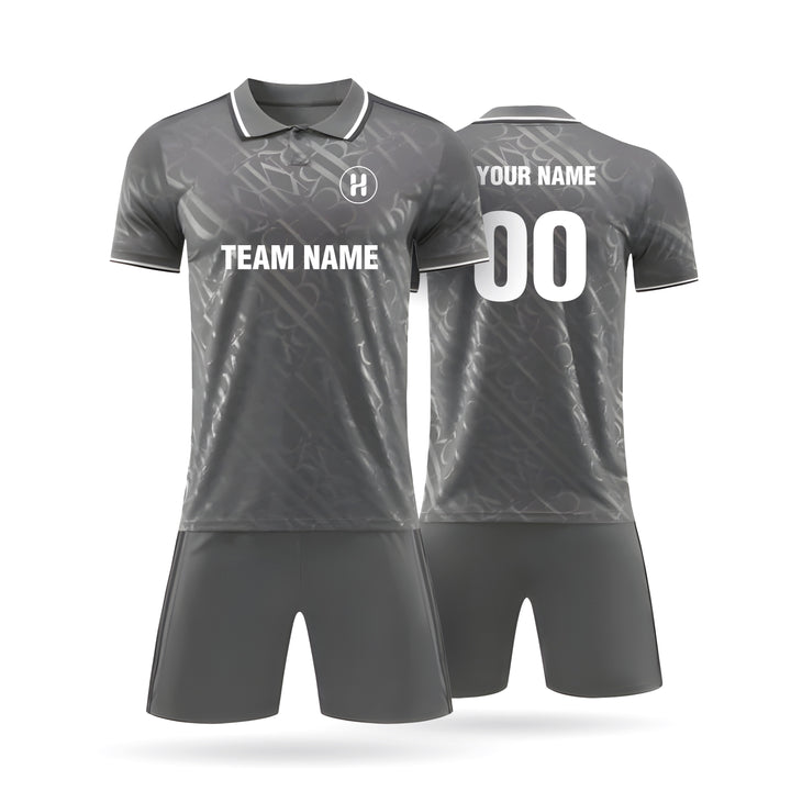 Full set view of the Custom Nightcrest fan style soccer jersey in black, featuring white abstract shoulder patterns and customizable team name and player number.