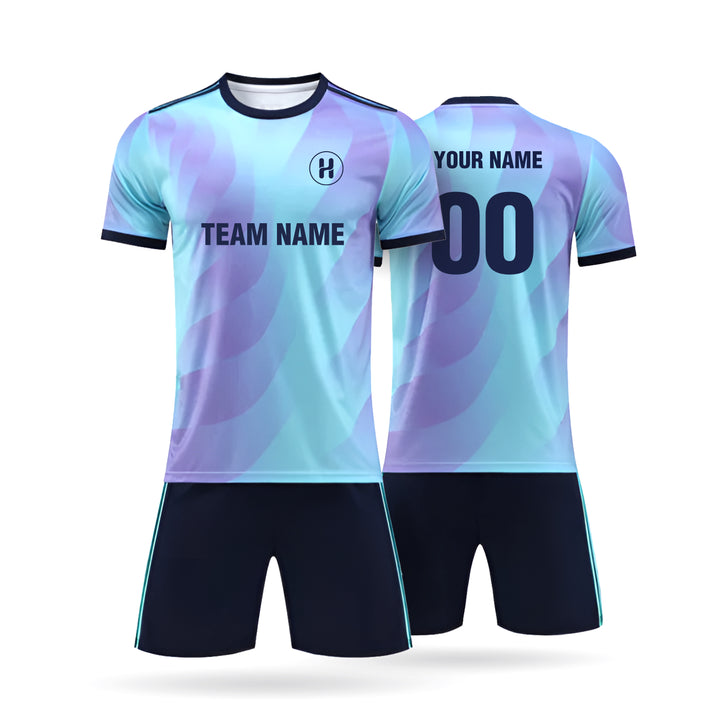 A complete set display of the Custom Phoenixa fan style soccer jersey featuring classic red and black vertical stripes with customizable team name and player number.