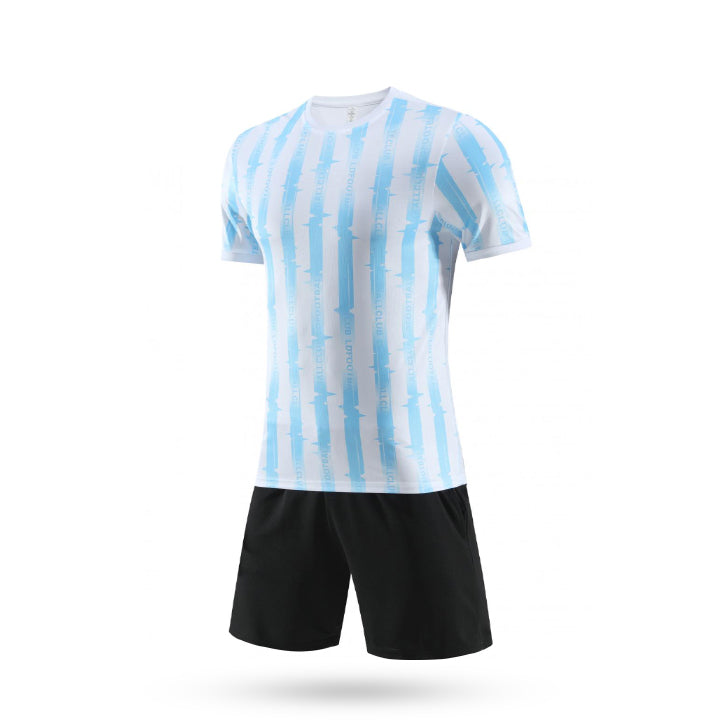 Custom Prestige white and blue stripe Soccer Kit with black short