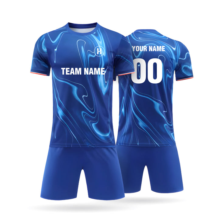 Full set display of the Custom Redspire fan style soccer jersey featuring red and black vertical stripes, white collar, and customizable team name and number.