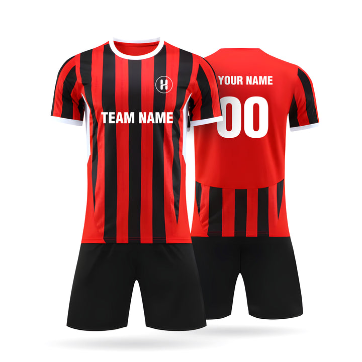 A comprehensive view of the Custom Stormara fan style soccer jersey set, featuring both front and back designs with blue and black diagonal stripes and customizable team name and number.