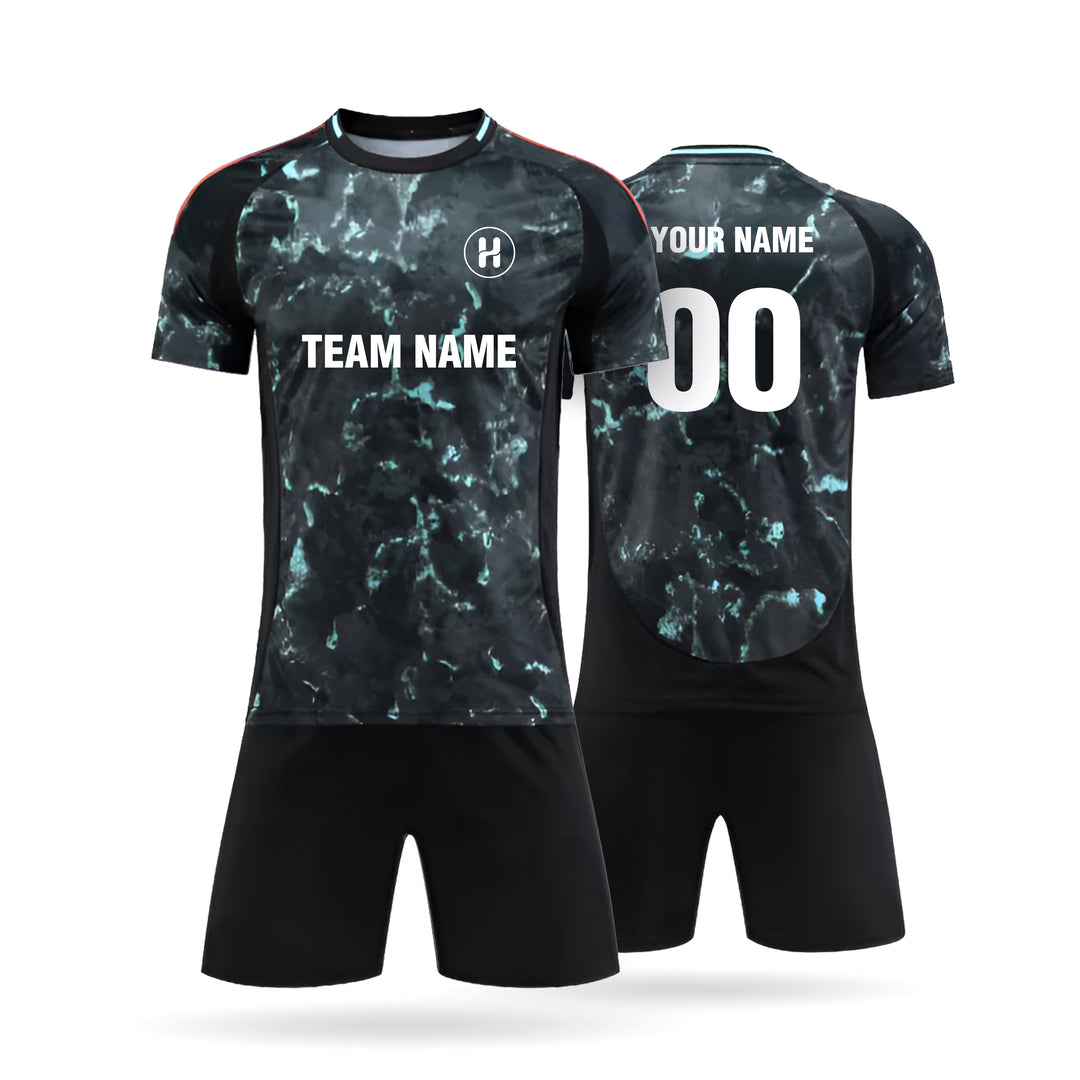 Full set view of the Custom Titanor fan style soccer jersey featuring a blue marble liquid swirl pattern with white customizable team name and player number.