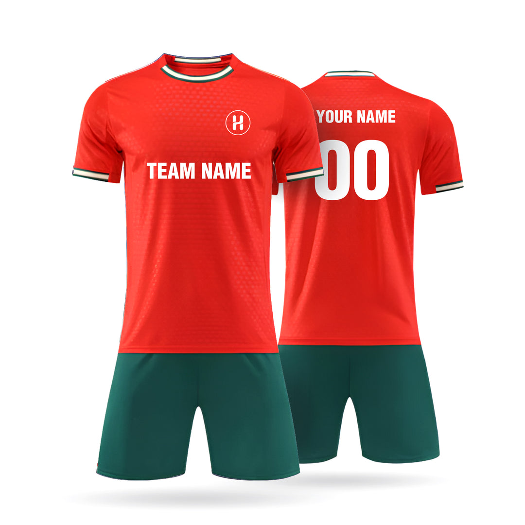 A complete set view of the Custom Vantrex fan style soccer jersey in black, featuring white abstract shoulder patterns and customizable team name and player number