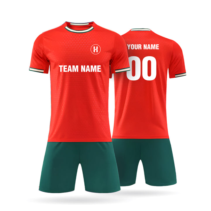 A complete set view of the Custom Vantrex fan style soccer jersey in black, featuring white abstract shoulder patterns and customizable team name and player number