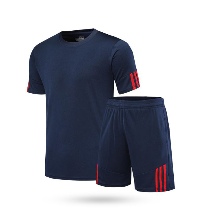 Navy blue Endline Surge soccer jersey set featuring bold red stripe details for high-performance team wear.