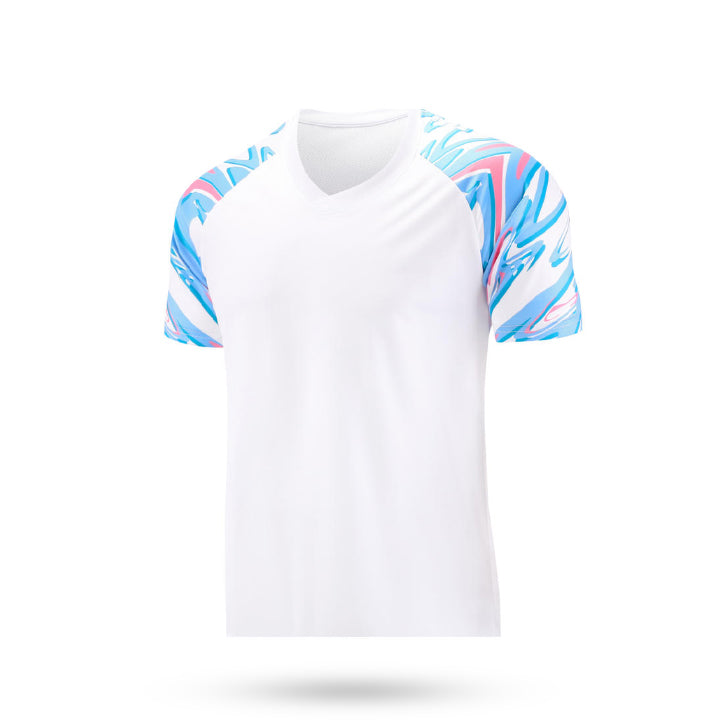 White V-neck soccer jersey with light blue and pink abstract graphic sleeve details.