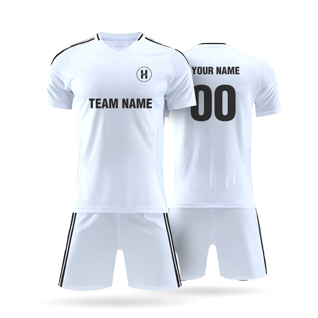 Front and back view of the H Pro Blank Fit Plain Soccer Kit in white featuring customizable placeholders for team name and player number.