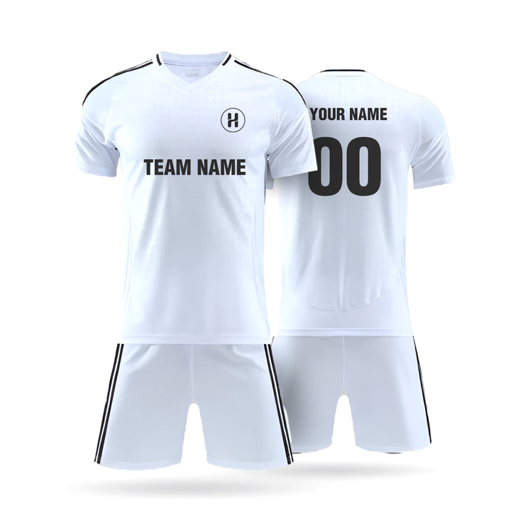 Front and back view of the H Pro Blank Fit Plain Soccer Kit in white featuring customizable placeholders for team name and player number.