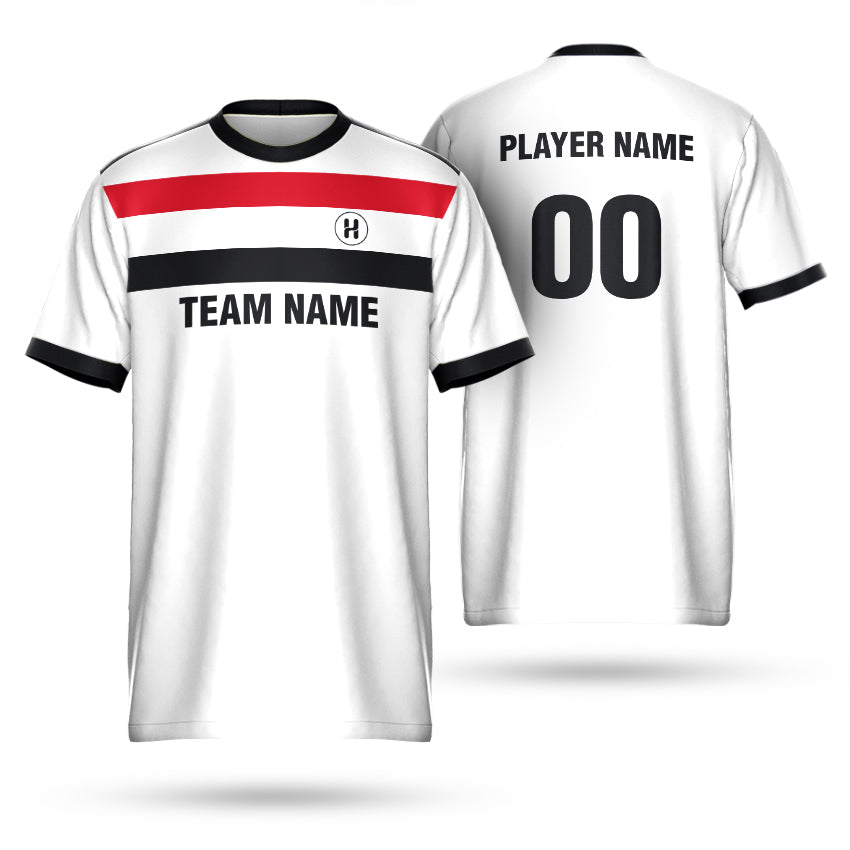 Custom H Pro Team Core Plain Soccer Kit featuring a white jersey with red and black chest stripes, including placeholders for team name and player number.