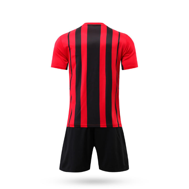 Rear view of the red and black Horizonex fan style soccer jersey highlighting the unique geometric stripe pattern across the back.