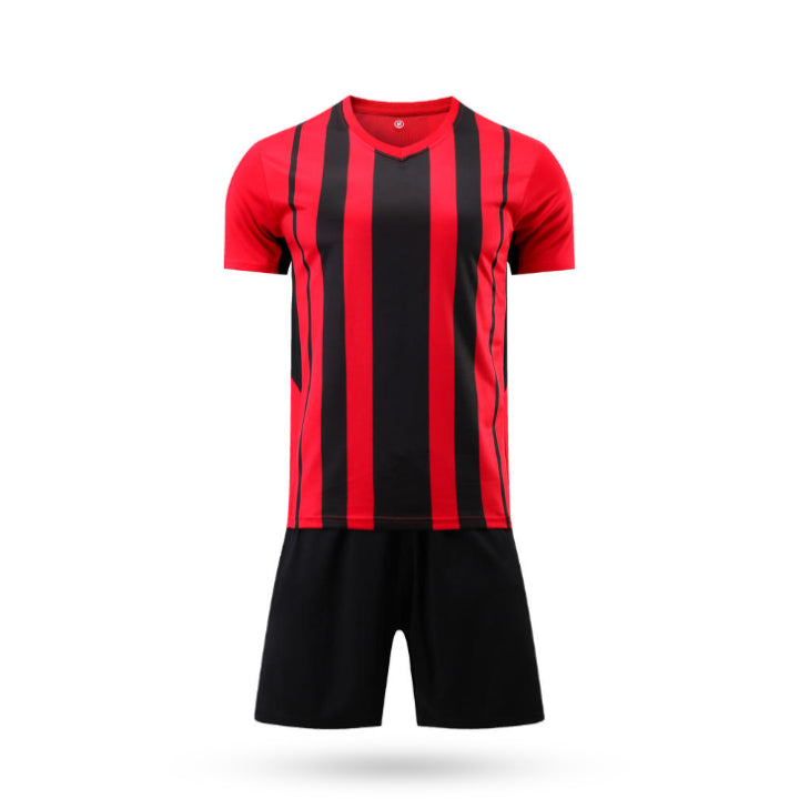 Front view of the Horizonex soccer jersey showcasing the modern red and black diagonal graphic design and V-neck collar.