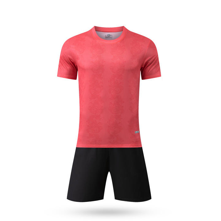 Front view of the pink Hyper Formation Soccer Jersey with blue and white abstract graphic patterns on the sleeves.