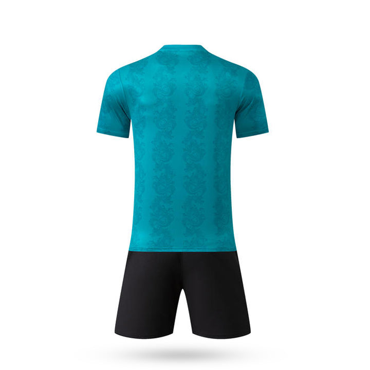 Rear view of the turquoise Hyper Formation Soccer Jersey with solid aqua back panel.