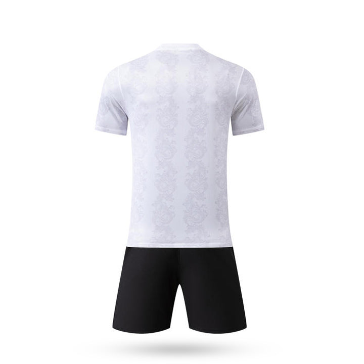 Rear view of White Hyper Formation Soccer Jersey kit showing the solid back panel and black athletic shorts.