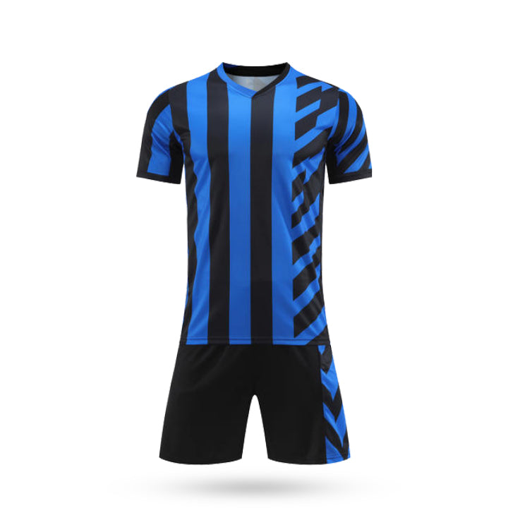 Front view of Ironova fan style soccer kit showing the blue and black striped jersey and black shorts.
